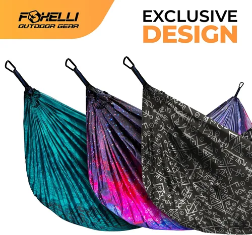 Miniatura 6 de Foxelli Hamaca de camping – Hamaca portátil de nailon de paracaídas ligera con cuerdas de árbol y mosquetones, perfecta para exteriores, mochileros