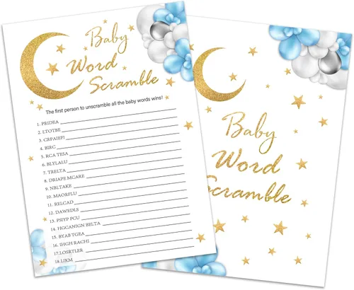 Tarjetas de juego Baby Word Scramble, juegos de baby shower de luna y estrellas, 25 cartas y 1 clave de respuesta