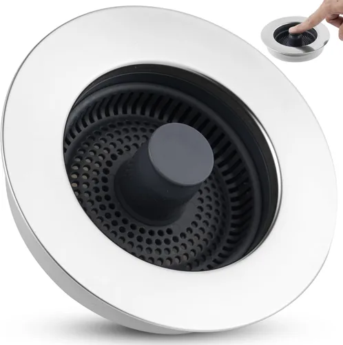 Miniatura 9 de Combo Universal 3 en 1 de Colador y Tapón de Drenaje para Fregadero de Cocina, Carcasa de Acero Inoxidable Negro con Tapón Emergente para Filtro