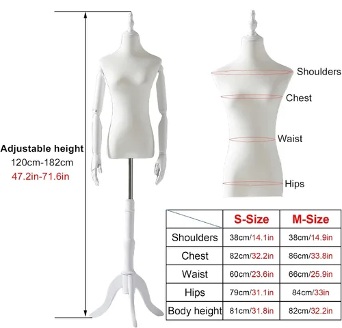 Miniatura 2 de Maniquí femenino con base de trípode de madera, maniquí de cuerpo de torse blanco para exhibición de ropa de mujer, altura ajustable