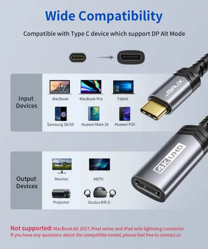 Miniatura 7 de JSAUX Adaptador USB C a DisplayPort 4K a 60Hz, tipo C a puerto de pantalla, adaptador de cable compatible con iPhone 17 Pro/16/15, MacBook Pro 2019