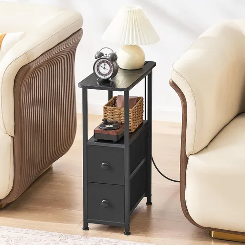 Miniatura 7 de DALEMHOME Mesa auxiliar estrecha con estación de carga, mesa auxiliar estrecha con cajón, mesita de noche pequeña con luz LED, mesita de noche