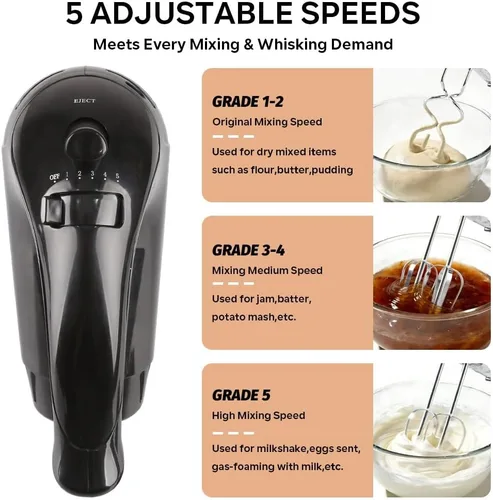 Miniatura 2 de Batidora de mano eléctrica con gancho para batidor y masa, mezclador de cocina de 5 velocidades ajustables, batidora de mano de expulsión de un solo