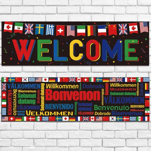 Panelee 2 pancartas de bienvenida internacionales de 13.8 x 43.3 pulgadas, banderas del mundo de poliéster, banderas de país, decoración para Negro