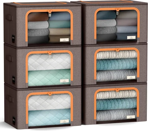 Miniatura 10 de Contenedores de almacenamiento con marco de metal, bolsas organizadoras de ropa apilables y plegables, contenedores de almacenamiento de tela Oxford
