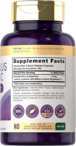Miniatura 2 de Carlyle Acidophilus Cápsulas probióticas para mujeres y hombres 500 millones de UFC 200 píldoras Suplemento Lactobacillus Sin OMG y sin