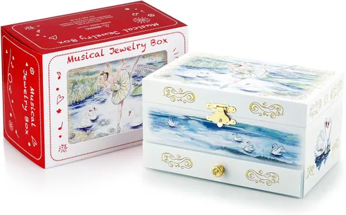 Miniatura 29 de RR ROUND RICH DESIGN - Joyero musical para niñas con cajón y juego de joyas con tema de bailarina, melodía de “El lago de los cisnes”, color rosado
