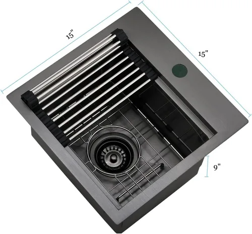 Miniatura 8 de Black-Bokaiya - Fregadero de barra desplegable de 15 x 15 pulgadas, fregadero de cocina pequeño de acero inoxidable, fregadero para exteriores