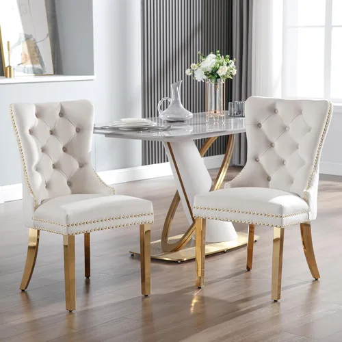 Miniatura 2 de KCC Juego de 4 sillas de comedor tapizadas en terciopelo, sillas modernas capitoné con tirador de anillo con cabeza de león y patas de acero Piernas