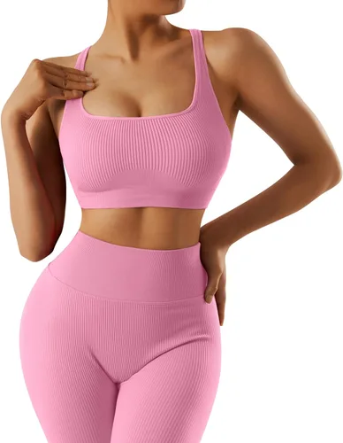 Miniatura 3 de OMKAGI Conjunto de entrenamiento acanalado para mujer, sin costuras, brasier deportivo con tiras y levantamiento de glúteos