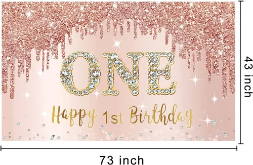 Miniatura 2 de Pancarta y Decoraciones de Fondo de Feliz Primer Cumpleaños para Niñas - Suministros de Letrero de Fiesta de Oro Rosa de 1 Año, Póster de Primer 1st
