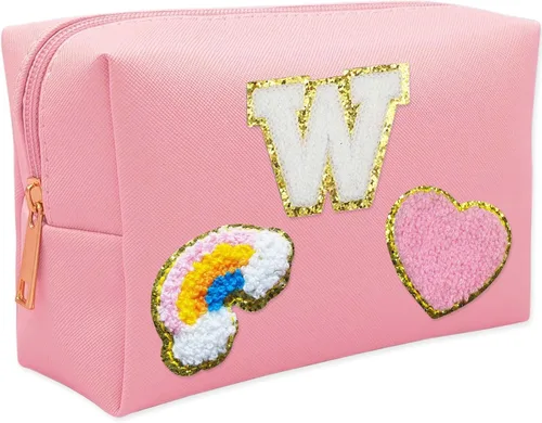 Miniatura 8 de Bolsa de Maquillaje Preppy, Estuche de Lápices de Cuero PU Premium Impermeable Bolsa de Cosméticos con Sonrisa Corazón Arcoíris Bonita Bolsa