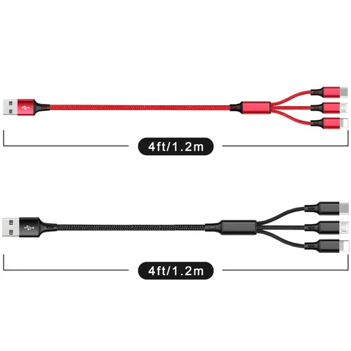Miniatura 6 de Cable de carga múltiple, paquete de 2 cables de carga multiteléfono de 4 pies, trenzado, universal, 3 en 1, cable de carga extra largo múltiple USB