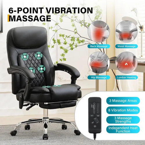Miniatura 4 de Silla de oficina de masaje de 6 puntos con silla de oficina térmica y ergonómica con reposapiés y respaldo alto reclinable de 45°, silla de oficina