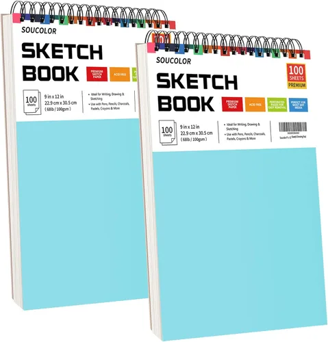 Miniatura 24 de Soucolor - Cuaderno de bocetos de 9 x 12 pulgadas, paquete de 4 de 100 hojas, encuadernado en espiral, libre de ácido (68 libras/100 g/m²), papel