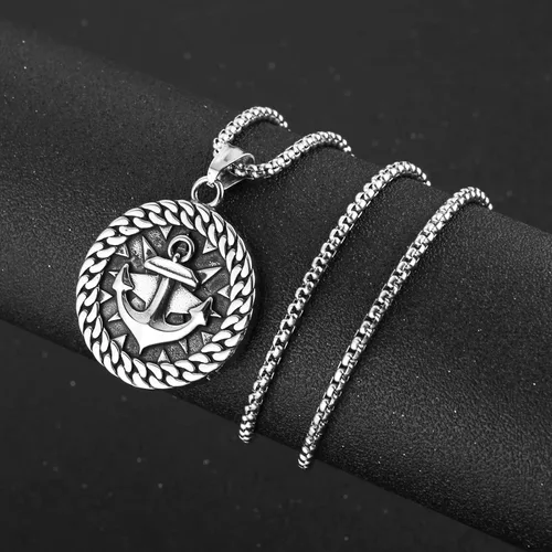 Miniatura 2 de HZMAN Collar de ancla náutica vikingo nórdico para hombres y niños, de acero inoxidable, brújula y timón, regalo de joyería, Acero inoxidable, No es