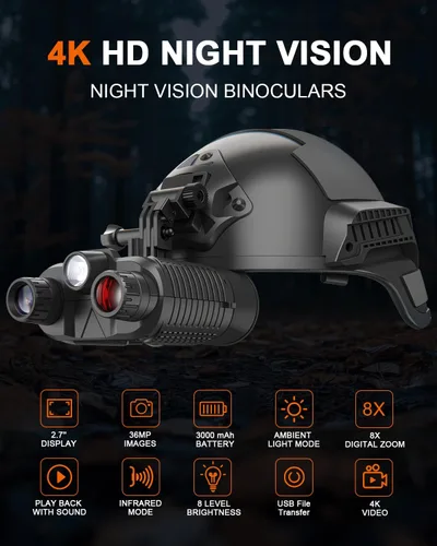 Miniatura 2 de Gafas de visión nocturna montadas en la cabeza, prismáticos de visión nocturna 4K para adultos con pantalla de 2.7 pulgadas, tarjeta TF de 32 GB