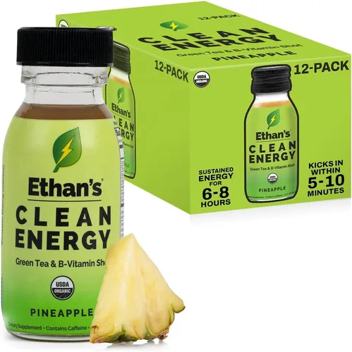 Ethan's Organic Clean Energy Shots Piña, paquete de 12 unidades de 2 onzas, 150 mg de cafeína, té verde, guayusa, melena de león y cordyceps | Sin