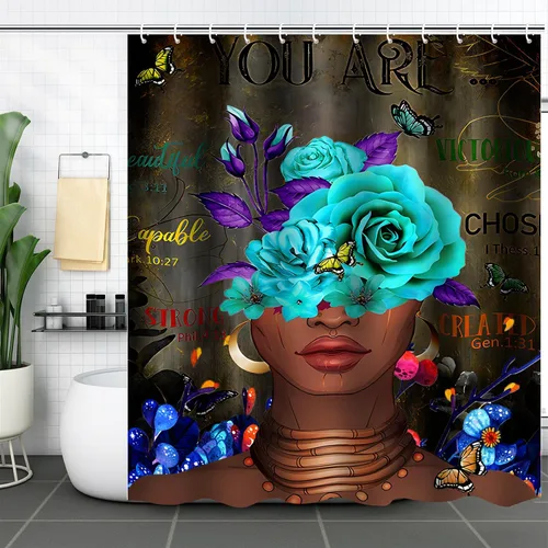 Miniatura 12 de Cortina de ducha de mujer africana, cortina de ducha de tela negra afroamericana, divertidas, citas inspiradoras, impermeable, decoración de baño