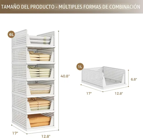Miniatura 2 de Pinkpum Paquete de 6 organizadores de armario, cesta apilable de plástico para ropa, contenedores de almacenamiento apilables para estantes, Blanco