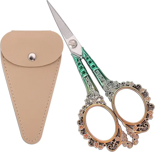 Tijeras de costura afiladas con funda, tijeras de bordado para manualidades, hilo y punto de cruz, herramienta DIY, 4.5 pulgadas, doradas y verdes