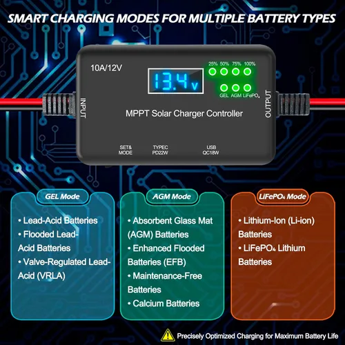 Miniatura 8 de Controlador de carga solar MPPT de 10 A, 12 V, 30 V máximo COV 22 W tipo C y 18 W USB de carga rápida LCD, protección múltiple Controlador
