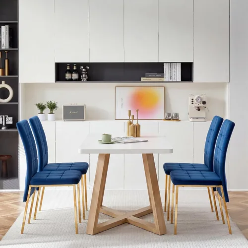 Miniatura 11 de Howtek Juego de mesa de comedor rectangular para 4, moderno de mediados de siglo con 4 sillas de cocina de terciopelo tapizado negro, juego de mesa