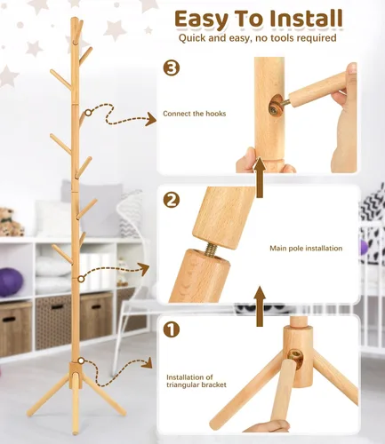 Miniatura 5 de Perchero de madera de haya para niños, soporte de altura ajustable con 9 ganchos, organizador de ropa infantil independiente para pasillo, Natural