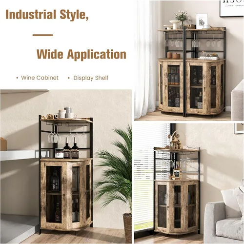 Miniatura 7 de LOKO Armario esquinero para bar de vinos, gabinete industrial para vinos con puertas de malla metálica y estante ajustable, gabinete de licor
