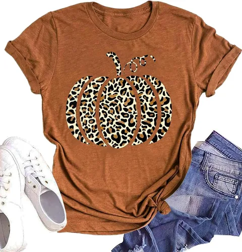 Miniatura 8 de Woffccrd - Camisetas divertidas con estampado de calabaza y leopardo para mujer, camisetas gráficas de manga corta de Halloween para mujer