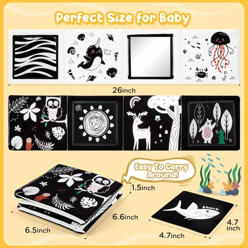 Miniatura 3 de URMYWO Juguetes con espejo para tiempo boca abajo, tarjetas de aprendizaje con estimulación visual, juguetes para bebés de alto contraste en blanco