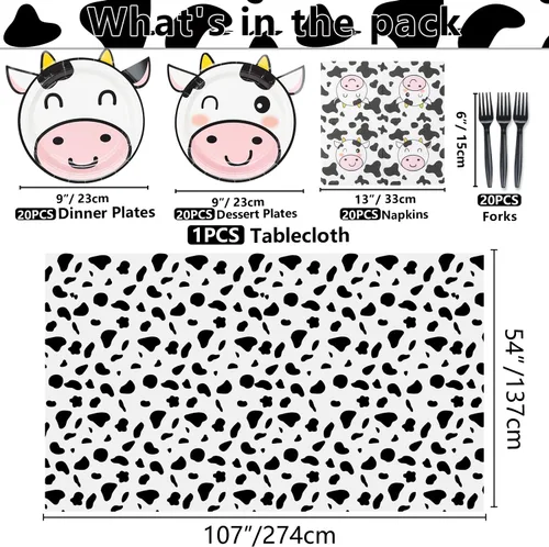 Miniatura 2 de Suministros de fiesta con estampado de vaca: platos con forma de vaca, servilletas con patrón, tenedores, cubierta de mesa para cumpleaños de niñas