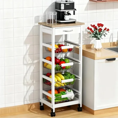 HOMCOM Carrito de cocina móvil, isla de cocina rodante con almacenamiento, marco de madera maciza con cestas de frutas y cajón de alambre, color