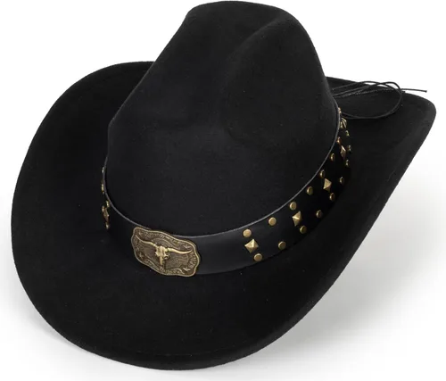 Miniatura 24 de Sombrero de vaquero clásico de fieltro occidental para mujeres y hombres de ala ancha con hebilla de cinturón (tamaño: mediano-grande)