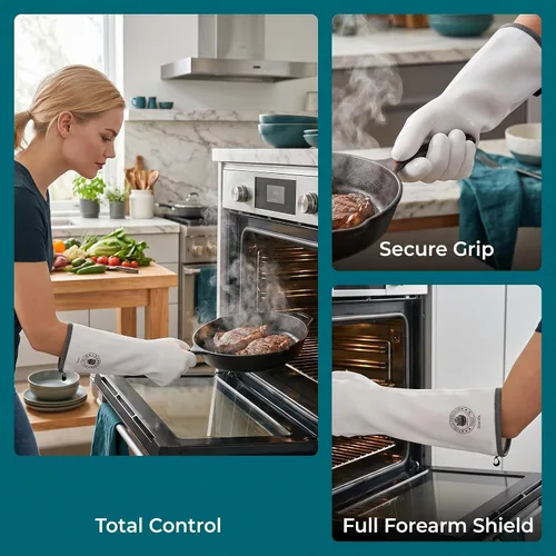 Miniatura 4 de Guantes de silicona para horno, 15 pulgadas, extra largos, resistentes al calor con dedos, guantes de horno de cocina, guantes de ahumador