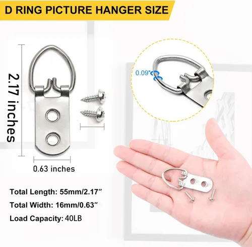 Miniatura 2 de 50 piezas de accesorios para colgar fotos, anillos en D resistentes, kit para colgar cuadros con tornillos, niquelado, anillos en D de metal