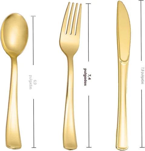 Miniatura 2 de N9R Juego de cubiertos de plástico dorado de 500 piezas, vajilla desechable de plástico dorado, 200 tenedores, 150 cucharas, 150 cuchillos