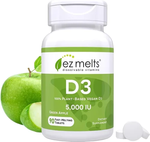 EZ Melts D3, 5000 IU, vitaminas solubles, cero azúcar, sabor natural a manzana, libre de GMO, pastillas de disolución rápida, salud ósea e