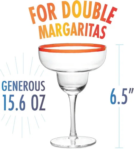 Miniatura 3 de Vasos de cóctel Margarita de 12 onzas + bordes coloridos para fiesta, juego de 4, resistentes, gruesos, soplados a mano, copas clásicas de bebidas