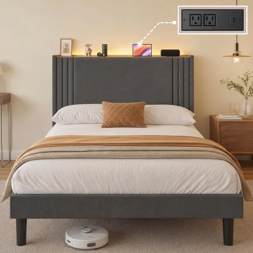 Miniatura 18 de Gizoon Base de cama matrimonial con cabecera de ala, plataforma tapizada con cabecera geométrica moderna, listones de madera, sin ruido, no necesita