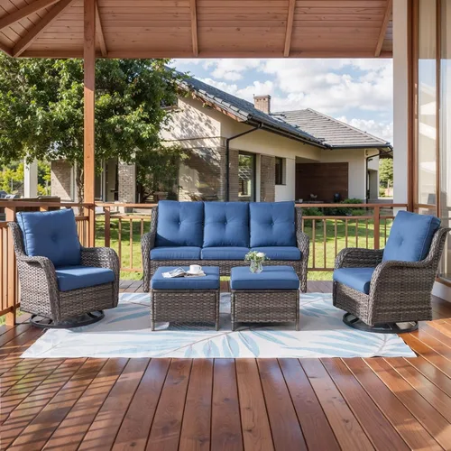 Miniatura 31 de HUMMUH Sillas Mecedoras Giratorias de Mimbre para Patio Exterior con Respaldo Alto, Sillas Deslizantes de Ratán PE, Juego de Muebles de Patio de 4