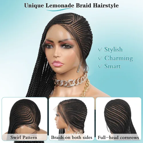 Miniatura 3 de Kalyss Cornrow - Pelucas trenzadas para mujeres negras, peluca trenzada de encaje completo con cabello de bebé, pelucas trenzadas negras naturales