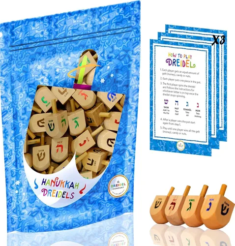 Miniatura 5 de Paquete de 10 Dreidels Hanukkah Draydel de madera natural con tarjetas de transliteración e instrucciones en inglés