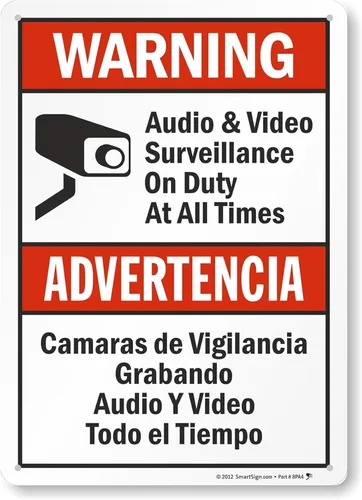 SmartSign-S-9392-AL-14 Advertencia - Vigilancia de Audio y Video En Servicio en Todo Momento Letrero Bilingüe | 10" x 14" de Aluminio - Negro/Rojo