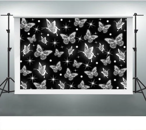 Fondo de principios de los años 2000, mariposa negra con purpurina, fondos de fotografía de fiesta de la vieja escuela 2000, decoración de fiesta de