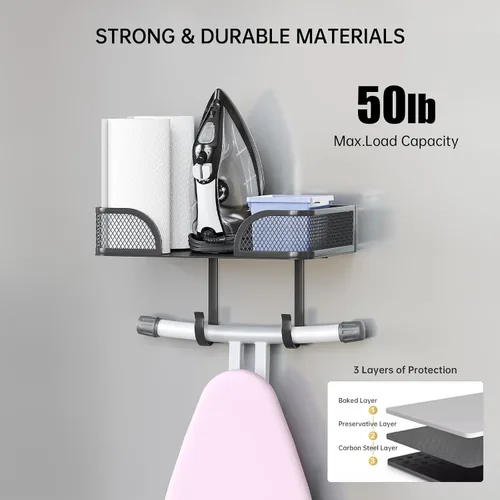Miniatura 5 de Soporte de pared para tabla de planchar, colgador de metal para tabla de planchar, soporte de hierro y hierro en forma de T/V, decoración de cuarto