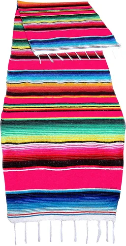 Miniatura 11 de Camino de mesa colorido a rayas fabricado en México 83x14 pulgadas.