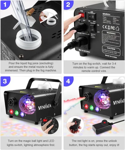 Miniatura 6 de MOSFiATA - Máquina de niebla con luz de discoteca 600W, máquina de humo con luces LED RGB, pulverización de 2300 CFM, control remoto, perfecta