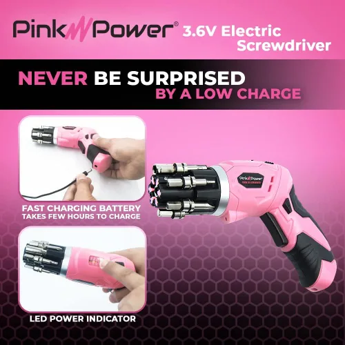 Miniatura 3 de Pink Power, taladro eléctrico de 4,8 Volt, recargable, juego de desarmadores con nivel de burbuja.