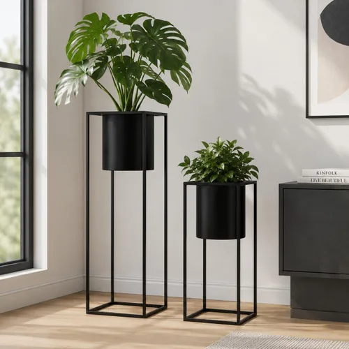 Miniatura 2 de TRIROCKS Juego de 2 macetas grandes de metal con soporte para plantas de interior de 28 y 18 pulgadas de alto para sala de estar, esquina, cocina